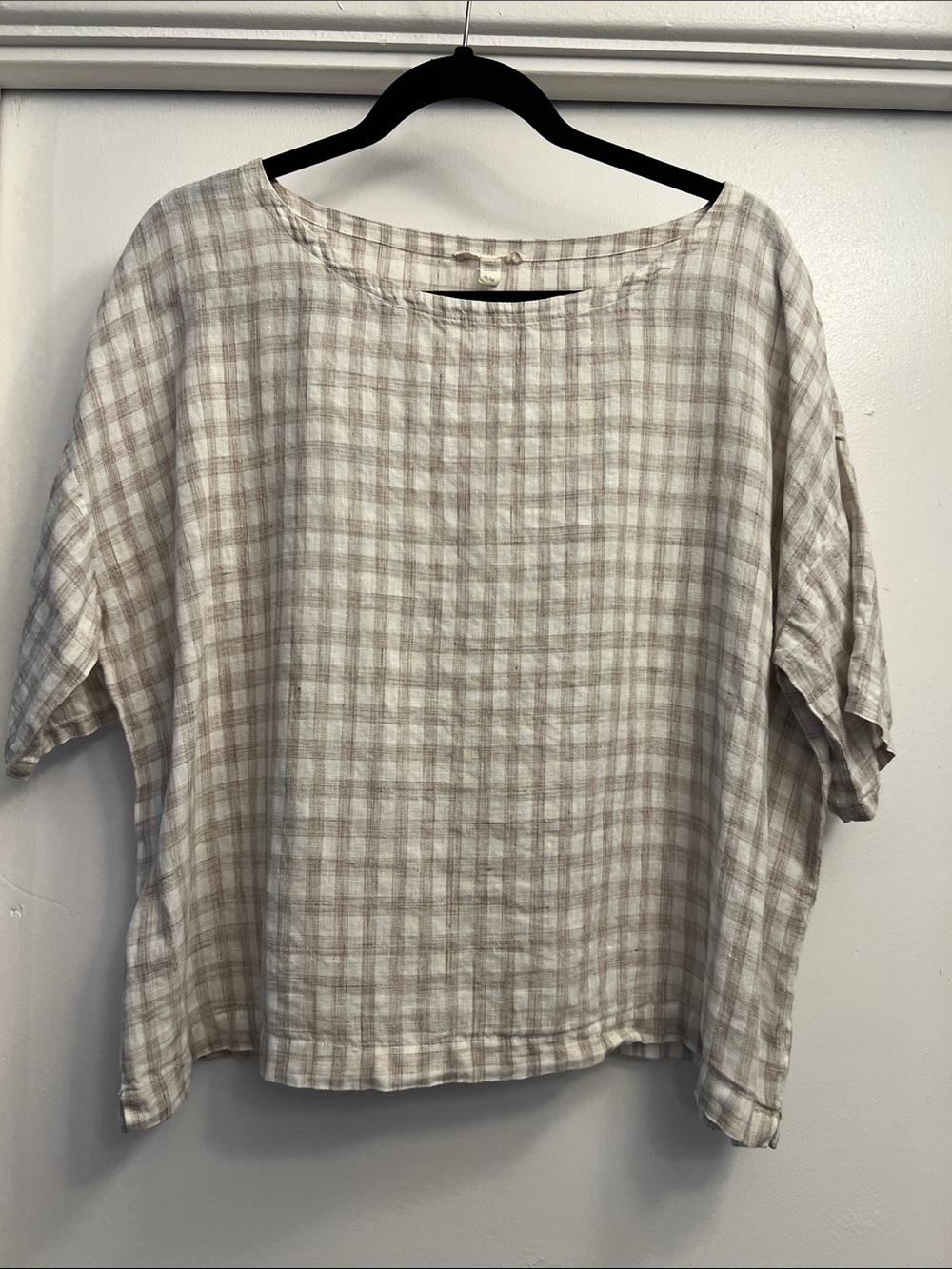Eileen Fisher 100% Organic Linen Checkered Short Sleeve Top Size Medium